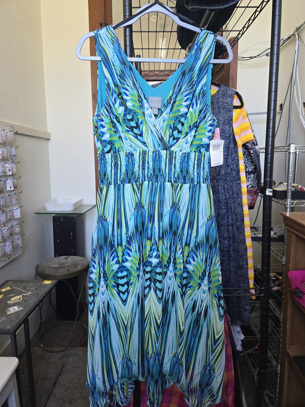Rabbit Rabbit Rabbit Turquoise Teal and Lime Abstract Dress With Flared Bottom